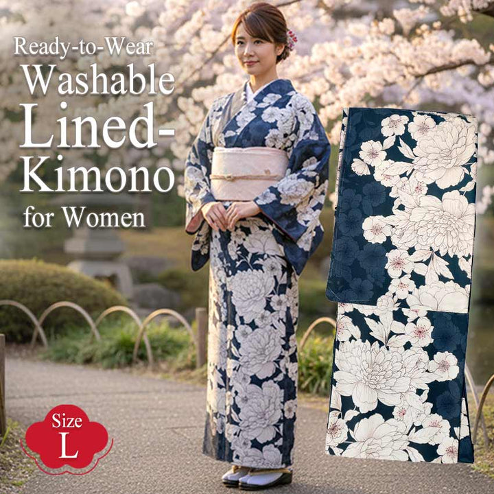 Ready-to-Wear Washable Komon Kimono for Women, Fully Lined Polyester, Deep Navy with Peony & Cherry Blossoms - A Sophisticated Komon Kimono with Timeless Elegance