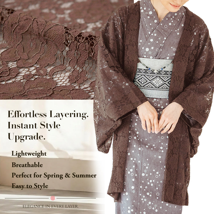 Haori - Lace Kimono Jacket for Women - Lightweight Sheer Dusty Rosewood with Floral Lace Cardigan, The Ultimate Third Piece Layering Cover Up for Spring & Summer