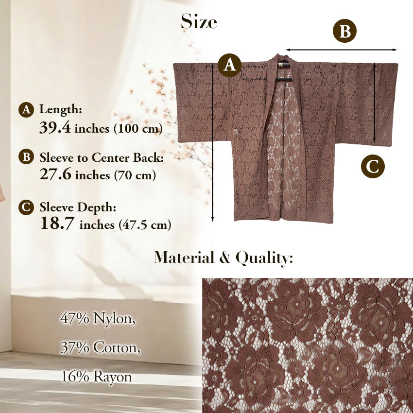 Haori - Lace Kimono Jacket for Women - Lightweight Sheer Dusty Rosewood with Floral Lace Cardigan, The Ultimate Third Piece Layering Cover Up for Spring & Summer