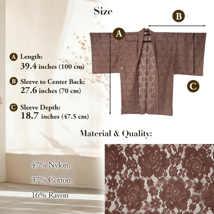 Haori - Lace Kimono Jacket for Women - Lightweight Sheer Dusty Rosewood with Floral Lace Cardigan, The Ultimate Third Piece Layering Cover Up for Spring & Summer