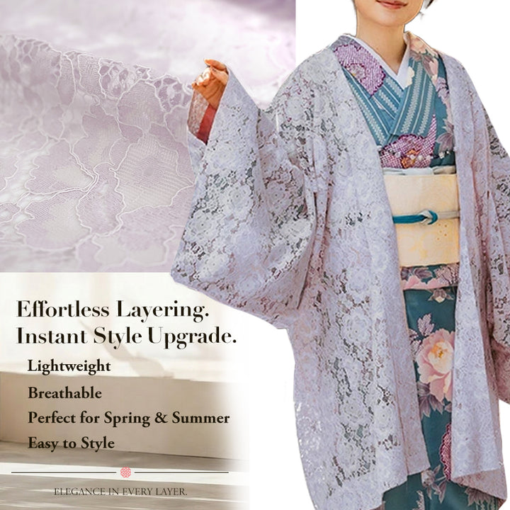 Haori - Lace Kimono Jacket for Women - Lightweight Sheer Ethereal Lavender with Floral Lace Cardigan, The Ultimate Third Piece Layering Cover Up for Spring & Summer