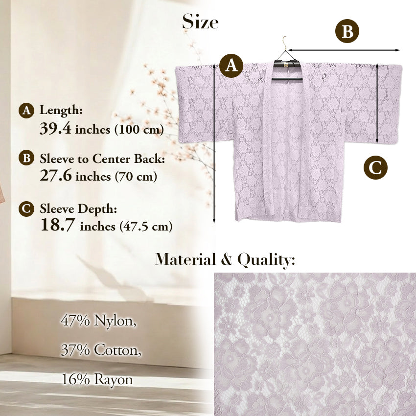 Haori - Lace Kimono Jacket for Women - Lightweight Sheer Ethereal Lavender with Floral Lace Cardigan, The Ultimate Third Piece Layering Cover Up for Spring & Summer