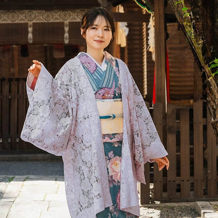 Haori - Lace Kimono Jacket for Women - Lightweight Sheer Ethereal Lavender with Floral Lace Cardigan, The Ultimate Third Piece Layering Cover Up for Spring & Summer