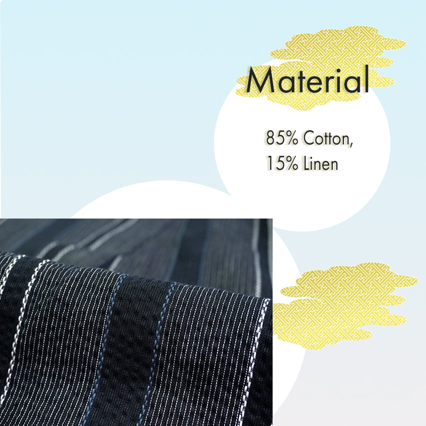 Men’s Cool & Comfortable Jinbei, Black Base with Subtle White & Blue Stripes – Lightweight Cotton ＆Linen Summer Loungewear, Sleepwear