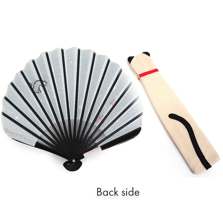 Folding Hand Fan for Lady's ,Surface Cotton, Bamboo Frame, Light Blue base with Cat peeking into a goldfish bowl