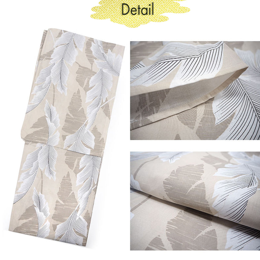 Women's Cotton Yukata, Casual Summer Kimono -Beige Base with large banana leaves (bashō) for a bold and tropical-inspired look.