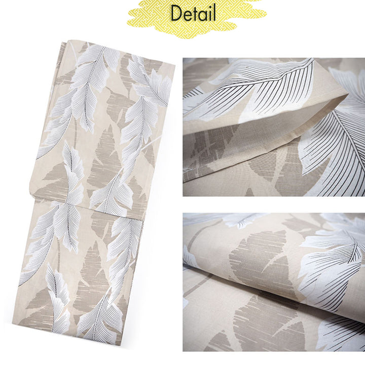 Women's Cotton Yukata, Casual Summer Kimono -Beige Base with large banana leaves (bashō) for a bold and tropical-inspired look.