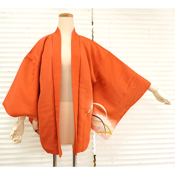 Vintage Haori Kimono Jacket Silk, Vivid Orange base, Cloud ,Dew-on-Grass Motifs