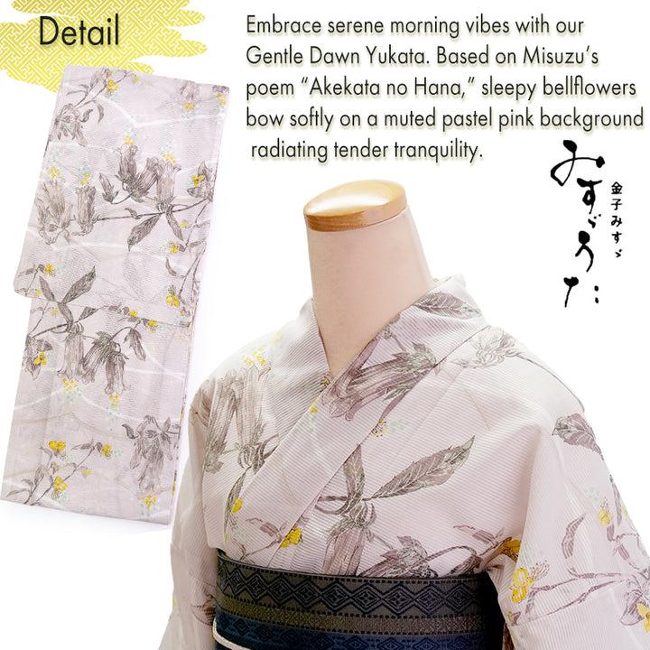 Lightweight Cotton Yukata for Women, muted pastel pink base, Bellflowers pattern– Inspired by Kaneko Misuzu’s Poetry, Summer Japanese Kimono Robe
