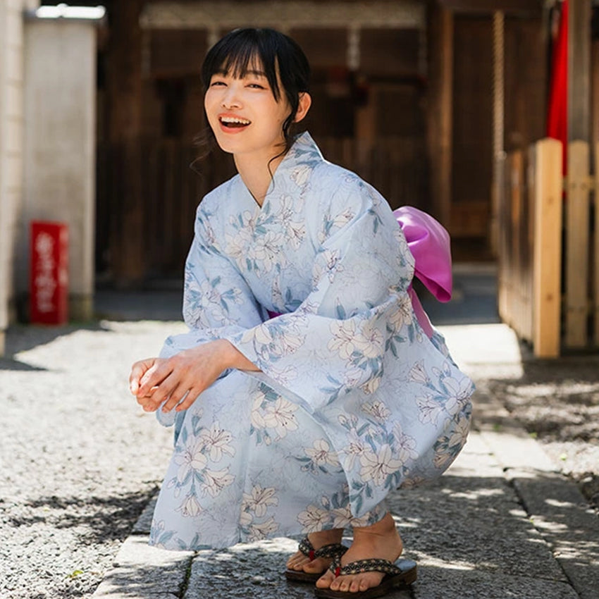 Women's Cotton Yukata, Casual Summer Kimono -Light Blue Base with