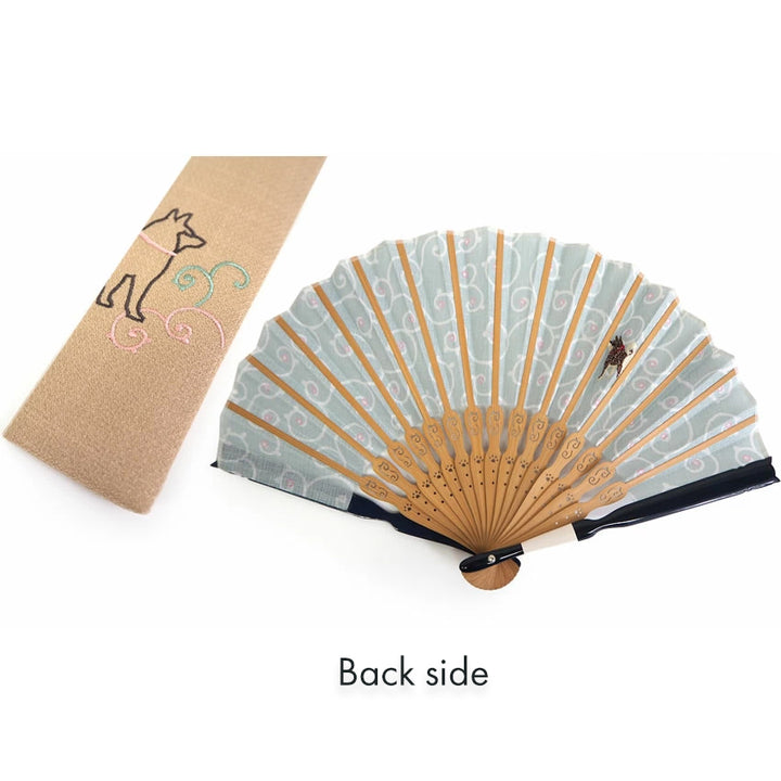 Folding Hand Fan for Lady's ,Surface Cotton, Bamboo Frame, Green base with Circles, Classic Arabesque Patterns and a Cute Dog Motif