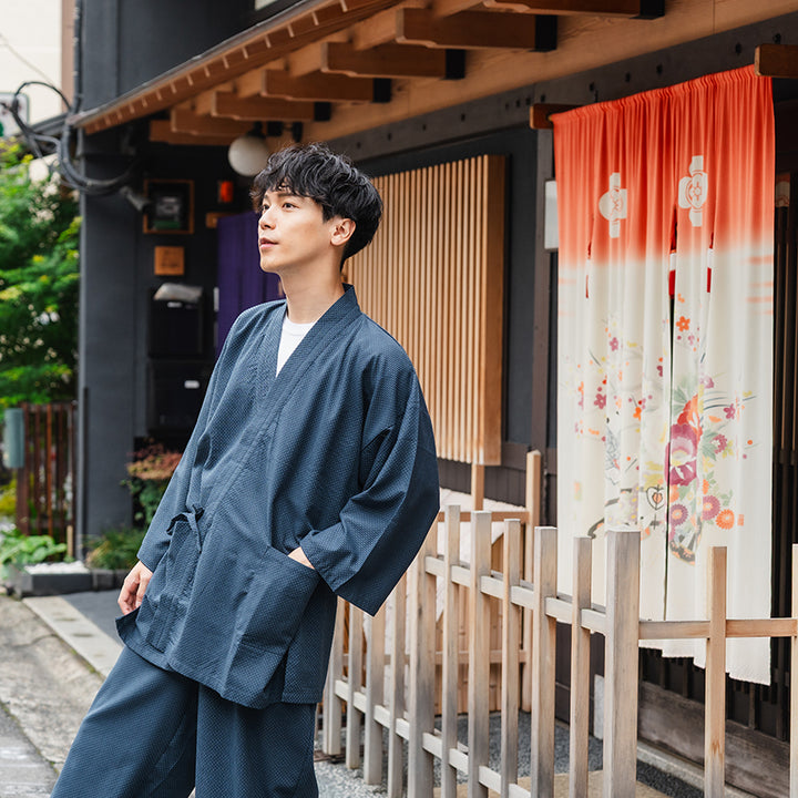 Men's Samue Jacket and Pants, Japanese Kimono Longewear - Sashiko Weave, Black