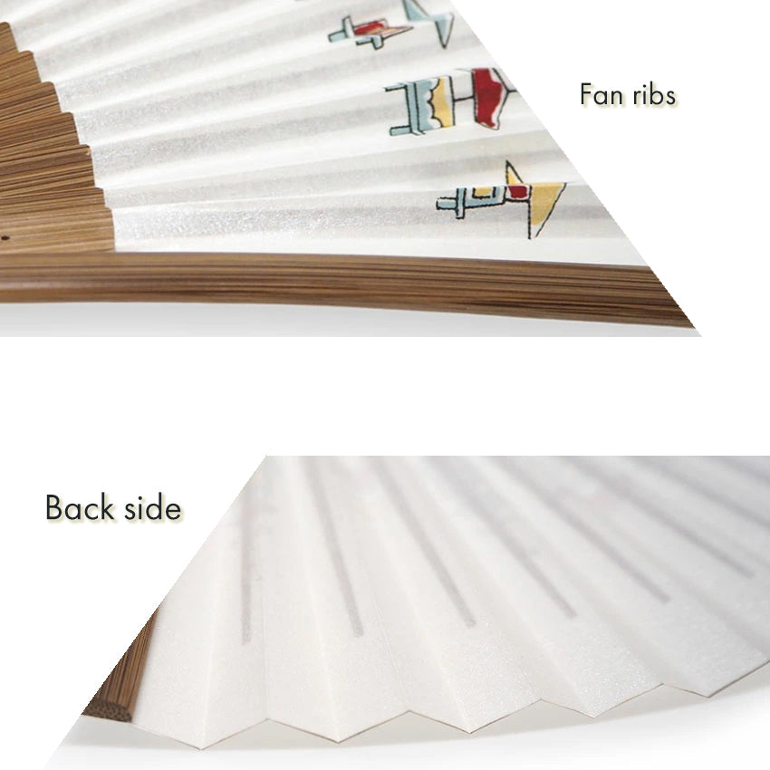 Folding Hand Fan for Men ,Surface Paper, Bamboo Frame, White base,This fan captures the iconic Kyoto festivals pattern
