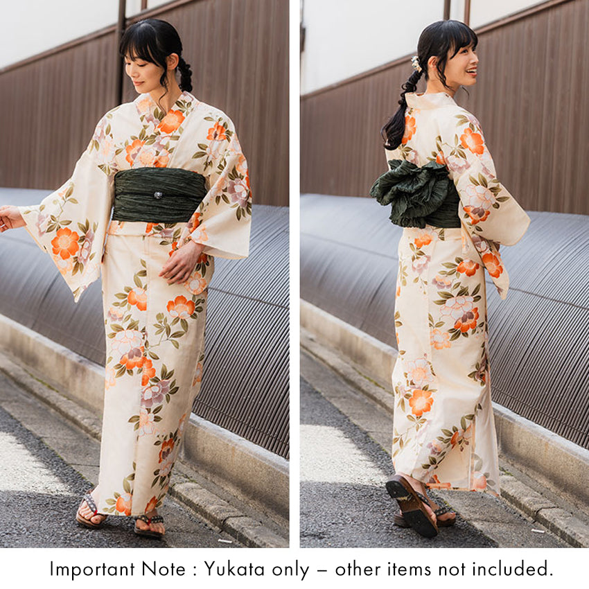 Women's Cotton Yukata, Casual Summer Kimono -Beige Base with Camellia Design
