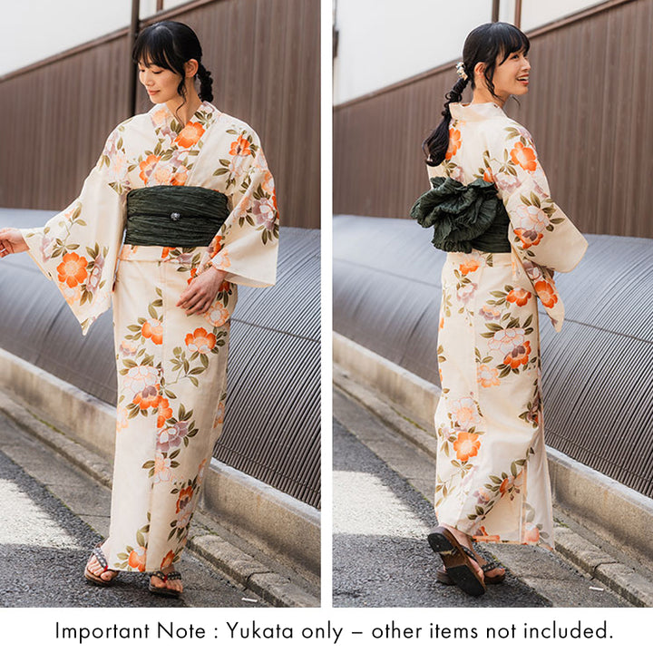 Women's Cotton Yukata, Casual Summer Kimono -Beige Base with Camellia Design