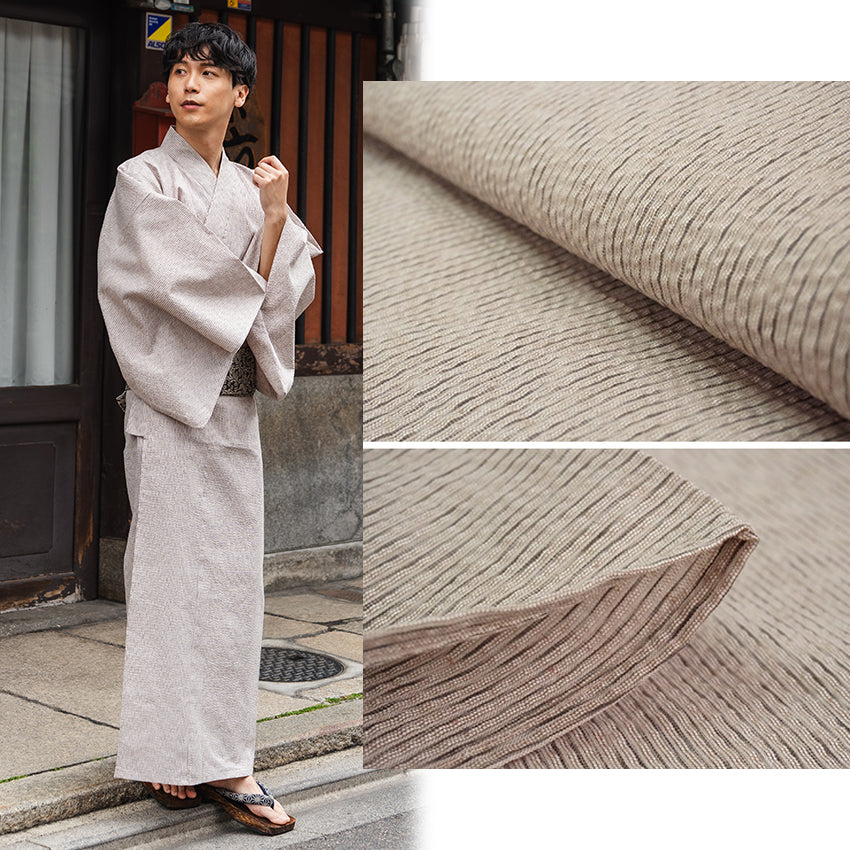 Men's Yukata Cotton & Linen Coordinate Set For Beginners : Beige with Broken Stripe Pattern Yukata