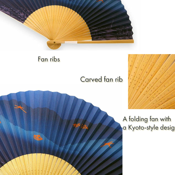 Folding Hand Fan for Men ,Surface Paper, Bamboo Frame,  Navy  base, captures the iconic Kyoto festival pattern