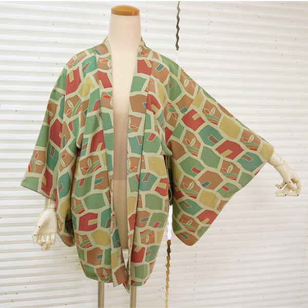 Vintage Haori Kimono Jacket Silk, Green base, Colorful Geometric Pattern