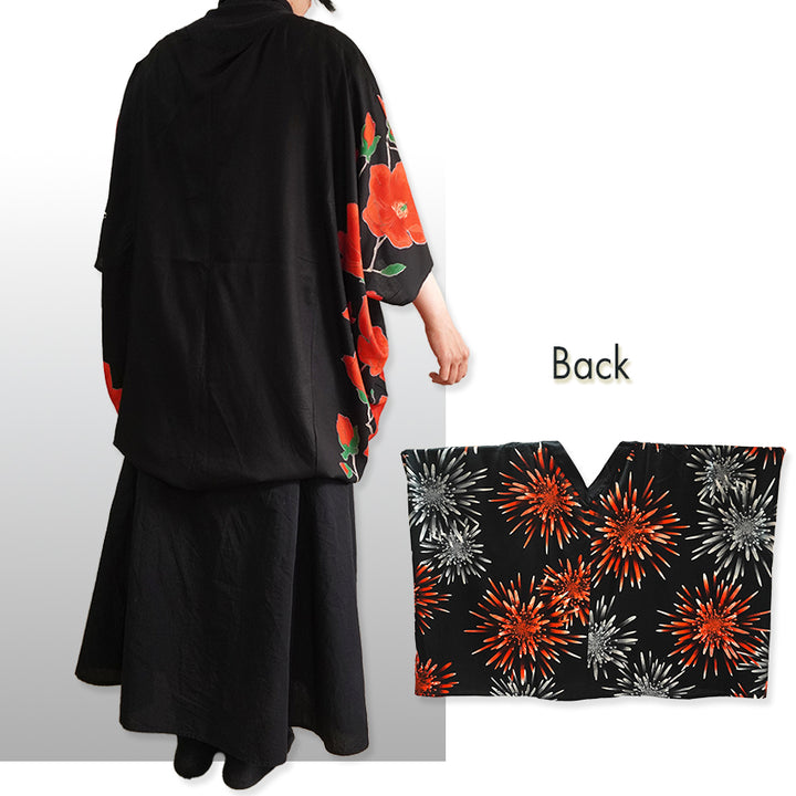 Lady's Haori , Kimono Cardigan -Black , White base – Magnolia pattern
