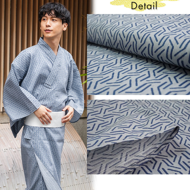 Men's Yukata Cotton : Blue-Gray with Geometric Design Yukata