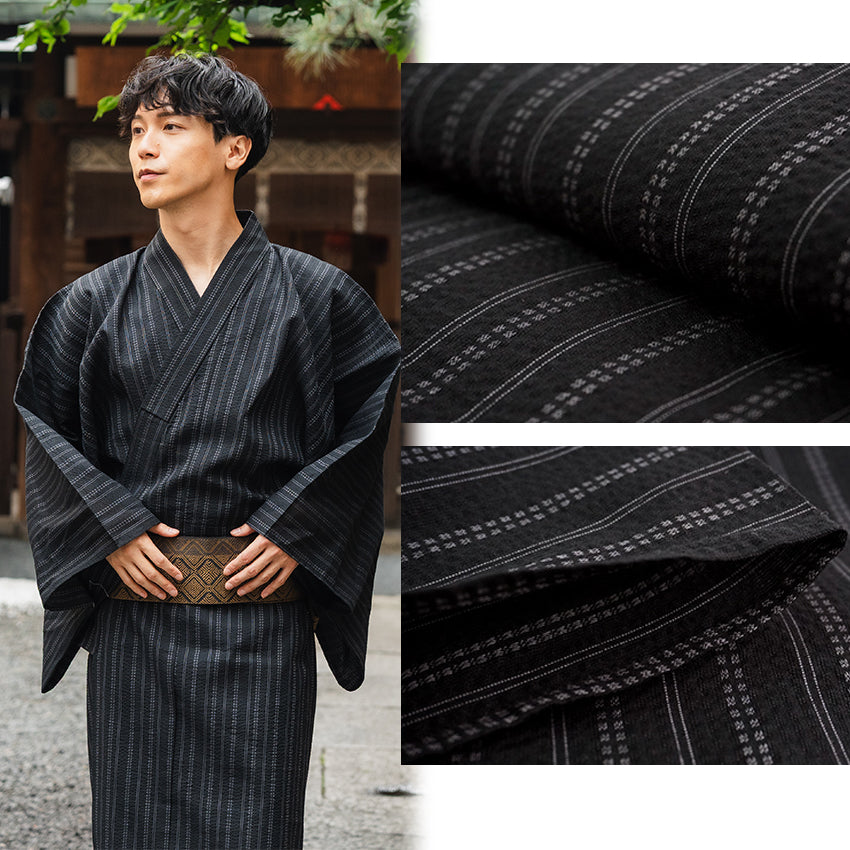 Men's Yukata Cotton & Linen Coordinate Set For Beginners : Black with Random Stripes Yukata