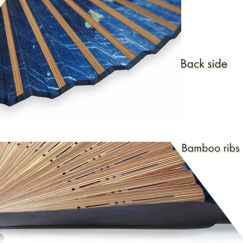 Folding Hand Fan for Men ,Surface Cotton, Bamboo Frame,  Navy base,  frogs playing with raindrops on lotus