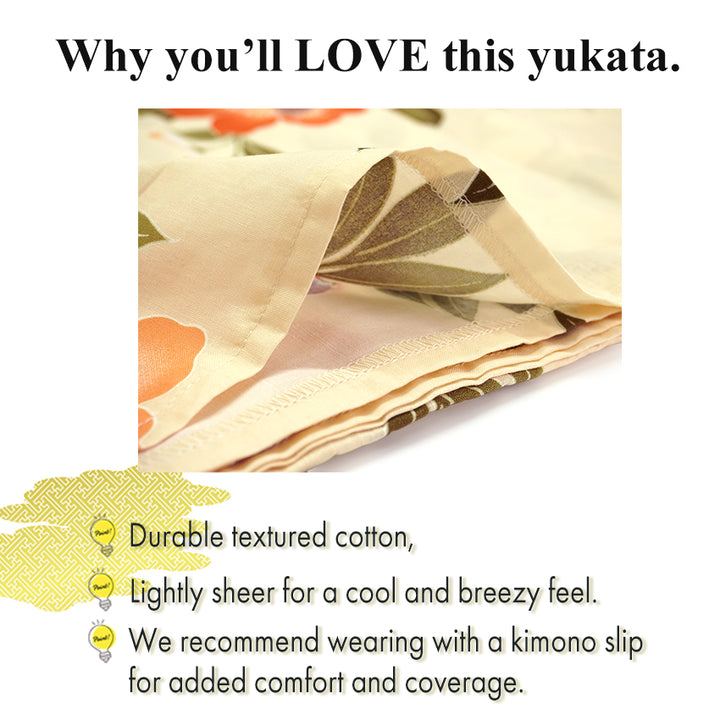 Women's Lightweight Cotton Yukata ＆Obi -2piece Coordinate set, Casual Summer Kimono  -Beige Base with Camellia Design