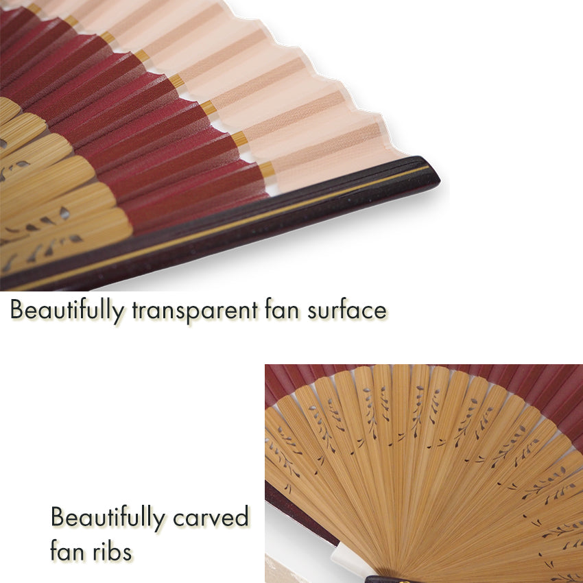 Folding Hand Fan for Lady's ,Surface Polyester, Bamboo Frame, Kōbai (pale pink & deep reddish-black)base