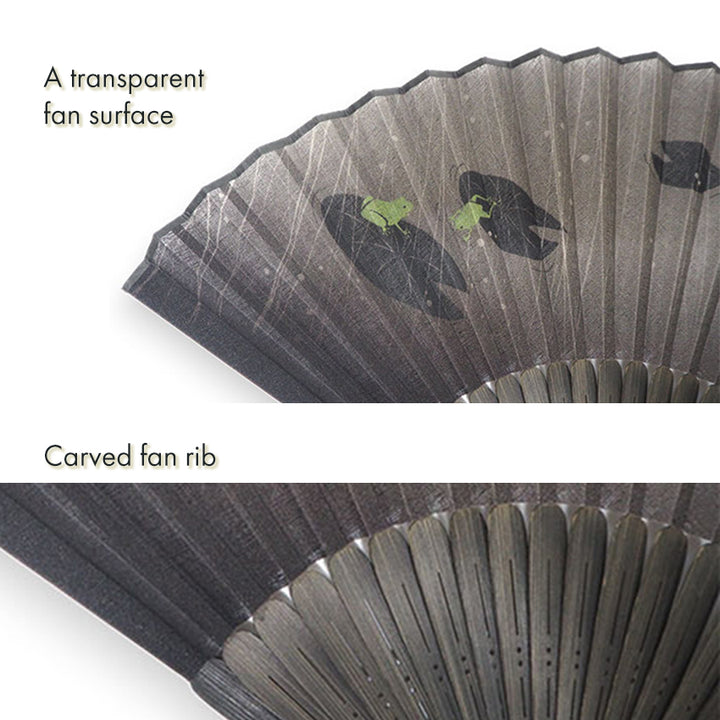Folding Hand Fan for Men ,Surface Cotton, Bamboo Frame, Black base,  frogs playing with raindrops on lotus