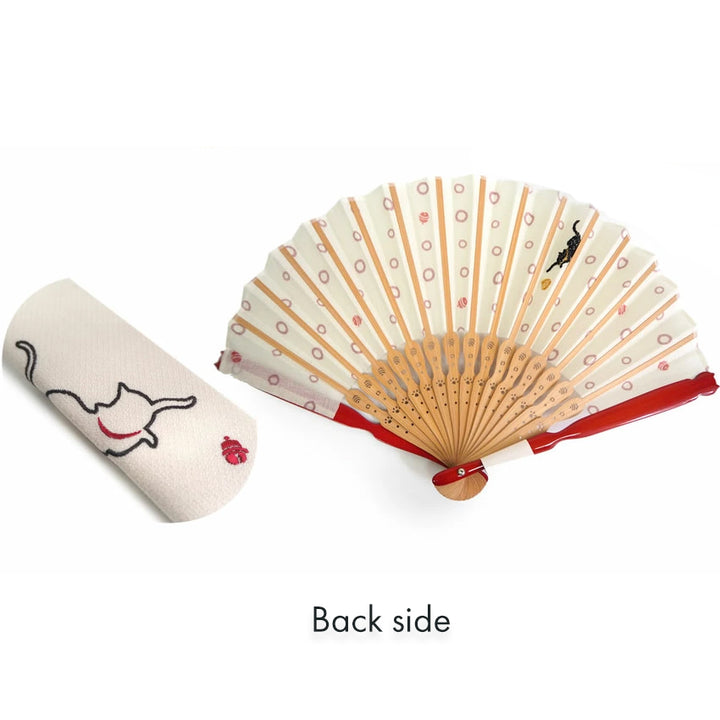 Folding Hand Fan for Lady's ,Surface Cotton, Bamboo Frame, Light Beige base with Circular Motifs and an Adorable Cat Design