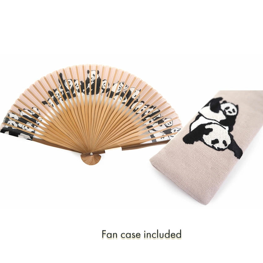 Folding Hand Fan for Lady's ,Surface Cotton, Bamboo Frame, Pink Beige base cute panda Pattern