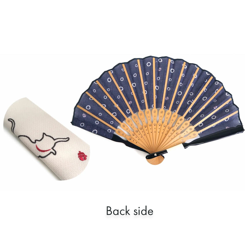 Folding Hand Fan for Lady's ,Surface Cotton, Bamboo Frame, Navy base with Circular Motifs and an Adorable Cat Design