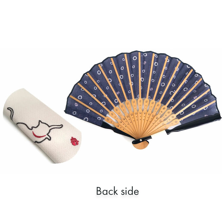 Folding Hand Fan for Lady's ,Surface Cotton, Bamboo Frame, Navy base with Circular Motifs and an Adorable Cat Design