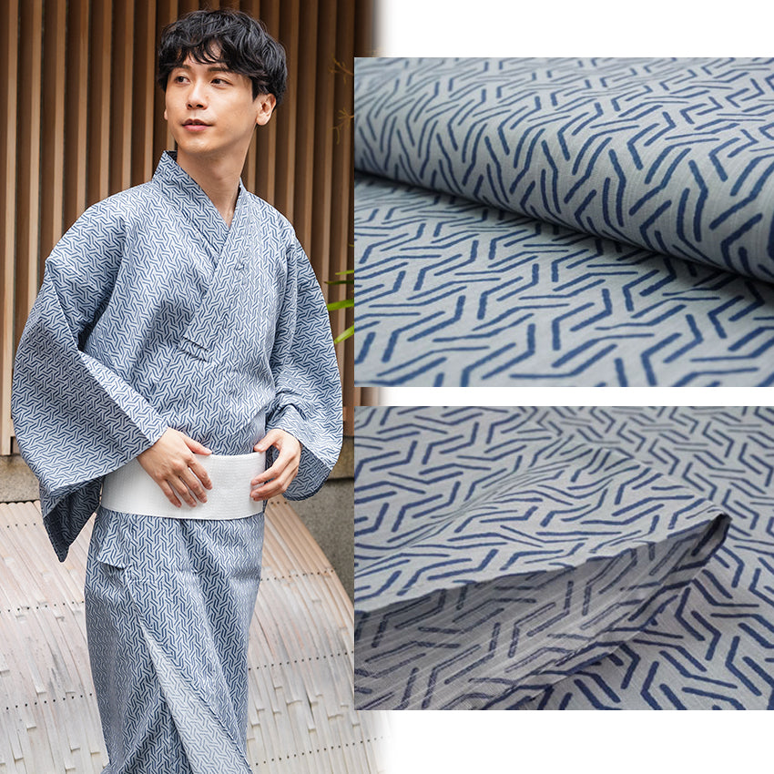 Men's Yukata Cotton Coordinate Set For Beginners : Blue-Gray with Geometric Design Yukata