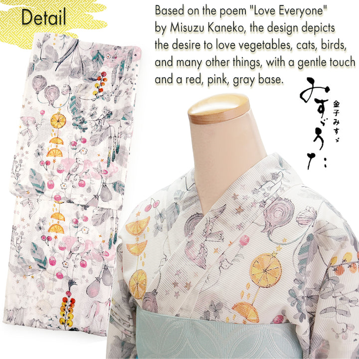 Lightweight Cotton Yukata for Women, red, pink, gray base, vegetables, cats, birds pattern– Inspired by Kaneko Misuzu’s Poetry, Summer Japanese Kimono Robe