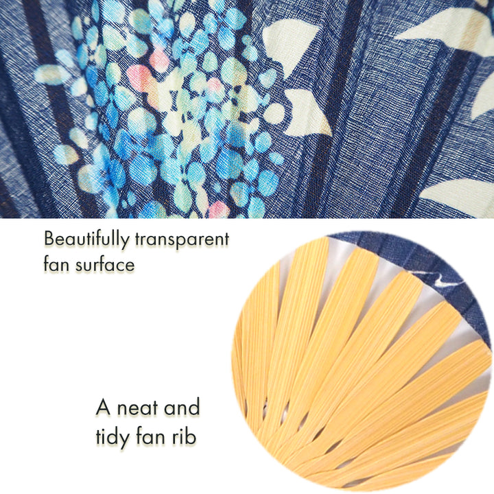 Folding Hand Fan for Lady's ,Surface Cotton, Bamboo Frame, Navy (navy background with gradations of blue, light blue, pink, and white hydrangeas)