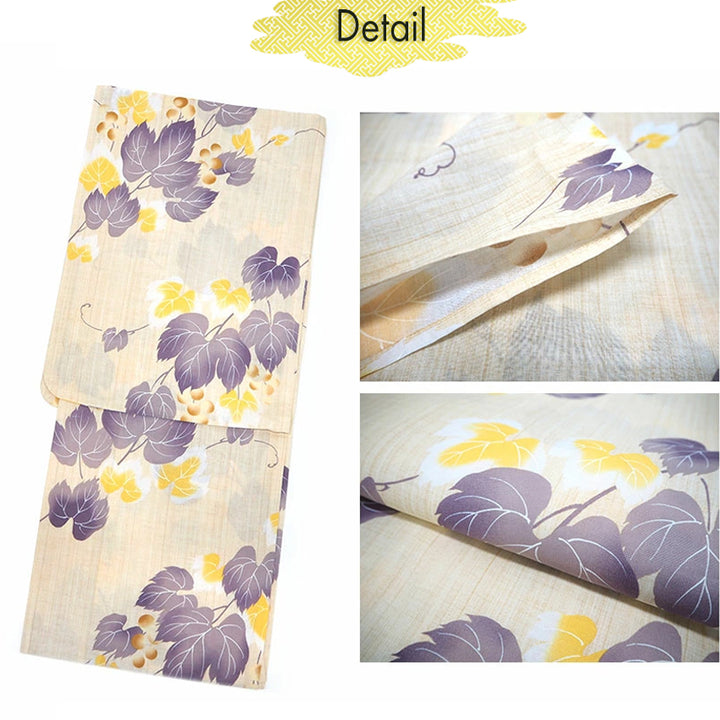 Women's Cotton Yukata, Casual Summer Kimono -Beige Base with Blown and yellow Grapes and Vines