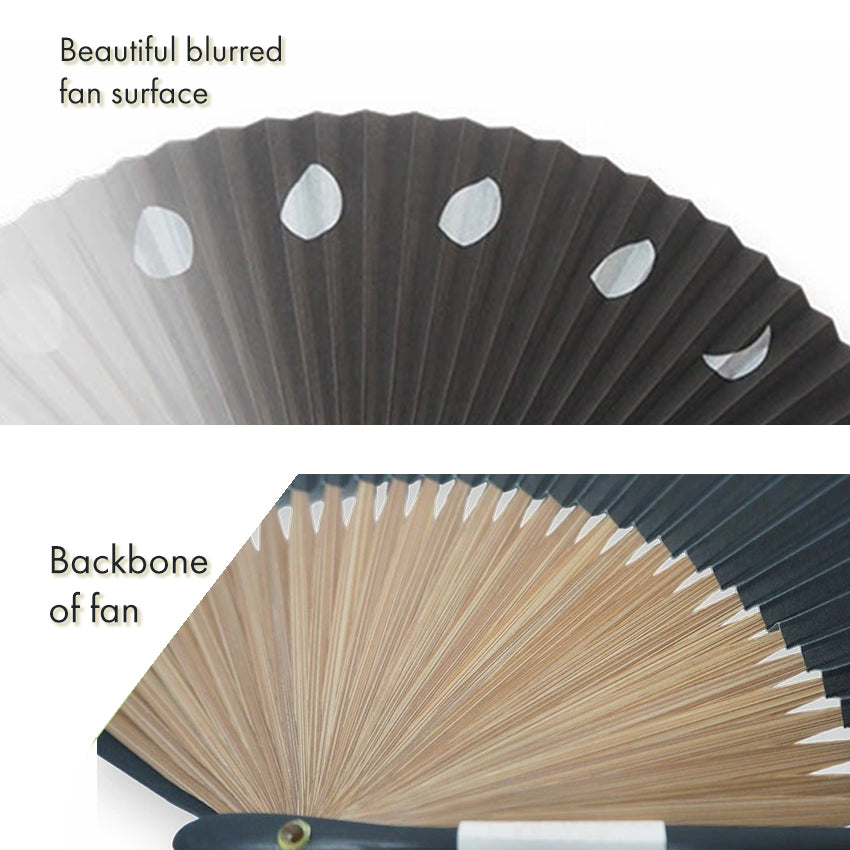 Folding Hand Fan for Men ,Surface Paper, Bamboo Frame, Black base, shimmering silver moons pattern
