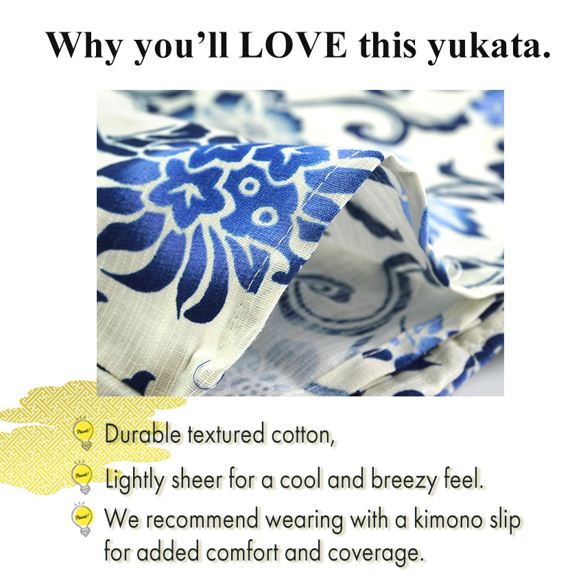 Women's Lightweight Cotton Yukata ＆Obi -2piece Coordinate set, Casual Summer Kimono  - White Base with Blue, Gray, and Navy Floral Arabesque