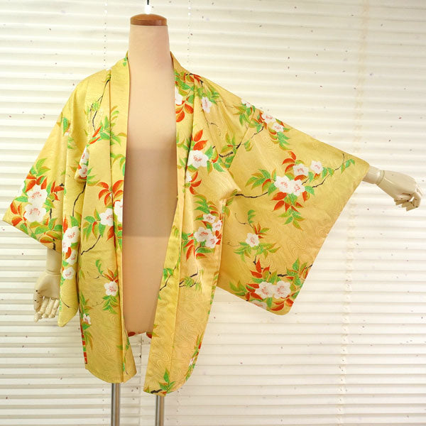 Vintage Haori Kimono Jacket Silk, Golden Yellow base,Cherry