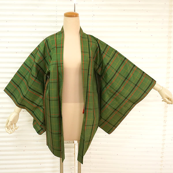 Vintage Haori Kimono Jacket Silk,Green base, Lattice Pattern