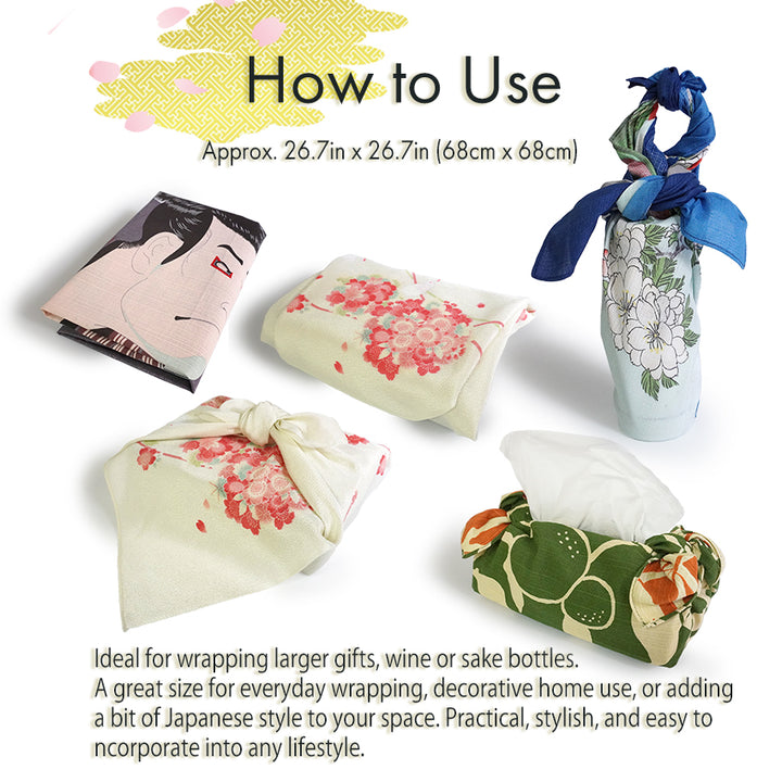 Furoshiki –japanese traditional wrapping cloth, 26.7 inch, Layon, Rabbit and Temari Flowers