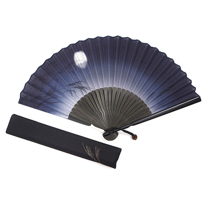 Folding Hand Fan for Men,Surface Cotton ,Bamboo Frame, Navy, pale gray gradation  base, pampas grass and hazy moon design