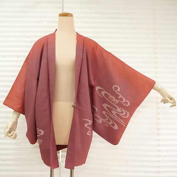 Vintage Haori Kimono Jacket Silk, Deep Red base, Wave Pattern