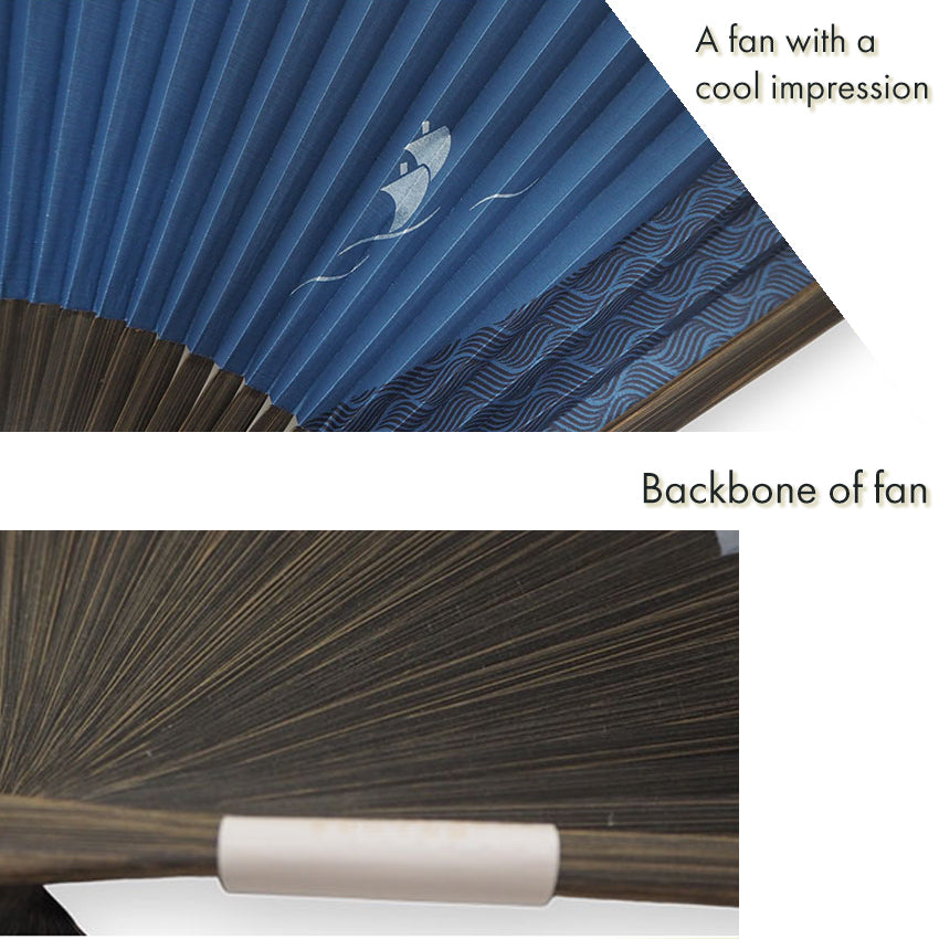 Folding Hand Fan for Men ,Surface Paper, Bamboo Frame, Navy base, A graceful sailboat rocking gently over stylized waves pattern