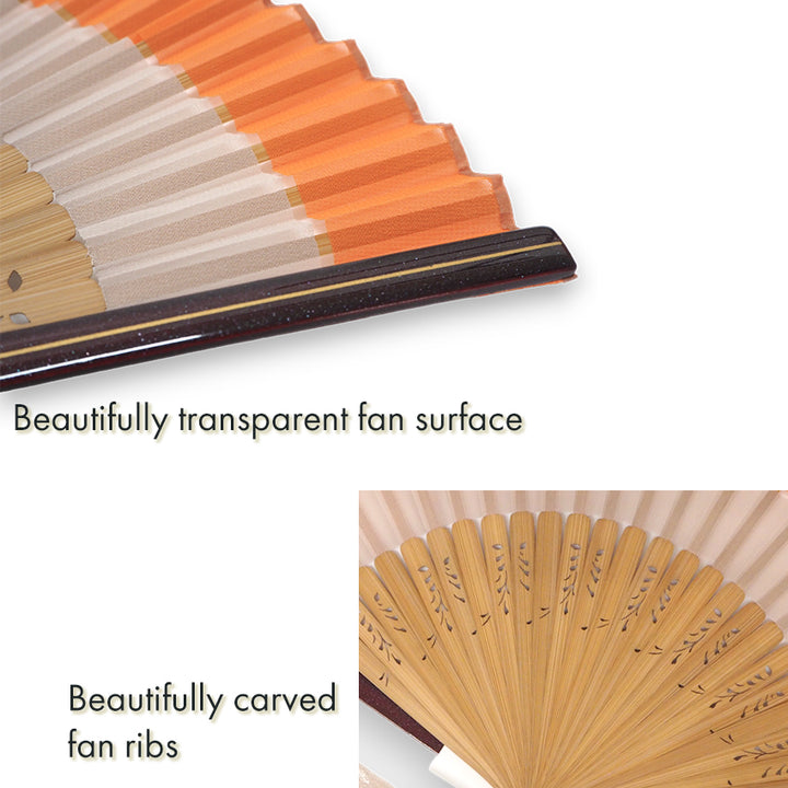 Folding Hand Fan for Lady's ,Surface Polyester, Bamboo Frame, Kinmokusei (rich persimmon orange & ivory beige)base