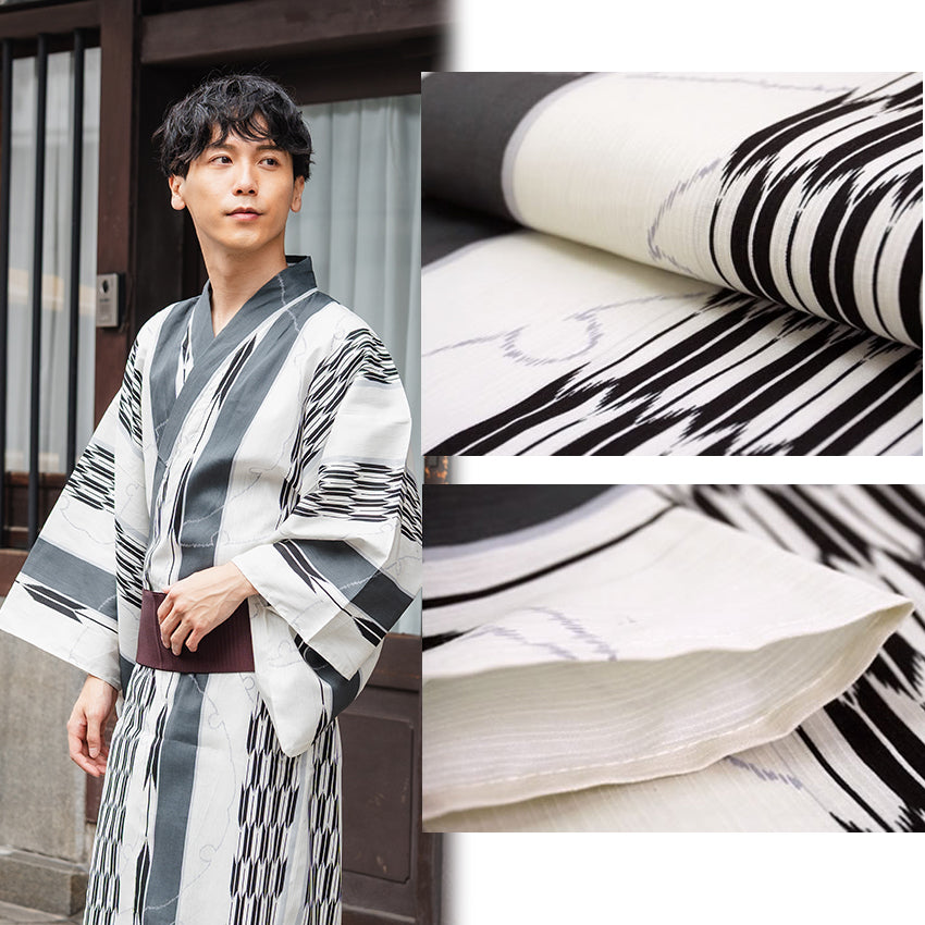 Men's Yukata Cotton Coordinate Set For Beginners : Off-White Yagasuri Yukata