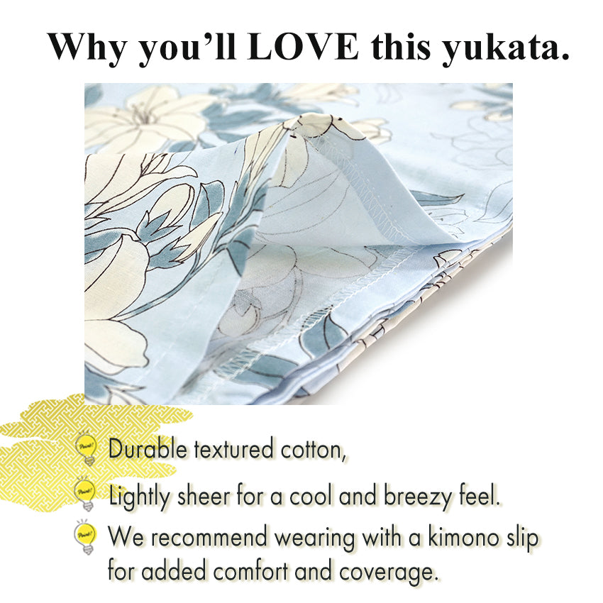 Women's Lightweight Cotton Yukata ＆Obi -2piece Coordinate set-, Casual Summer Kimono - Light Blue Base with Lily Pattern