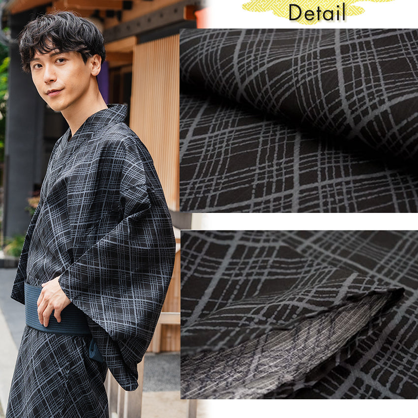 Men's Yukata Cotton : Black with Checkered Pattern Yukata
