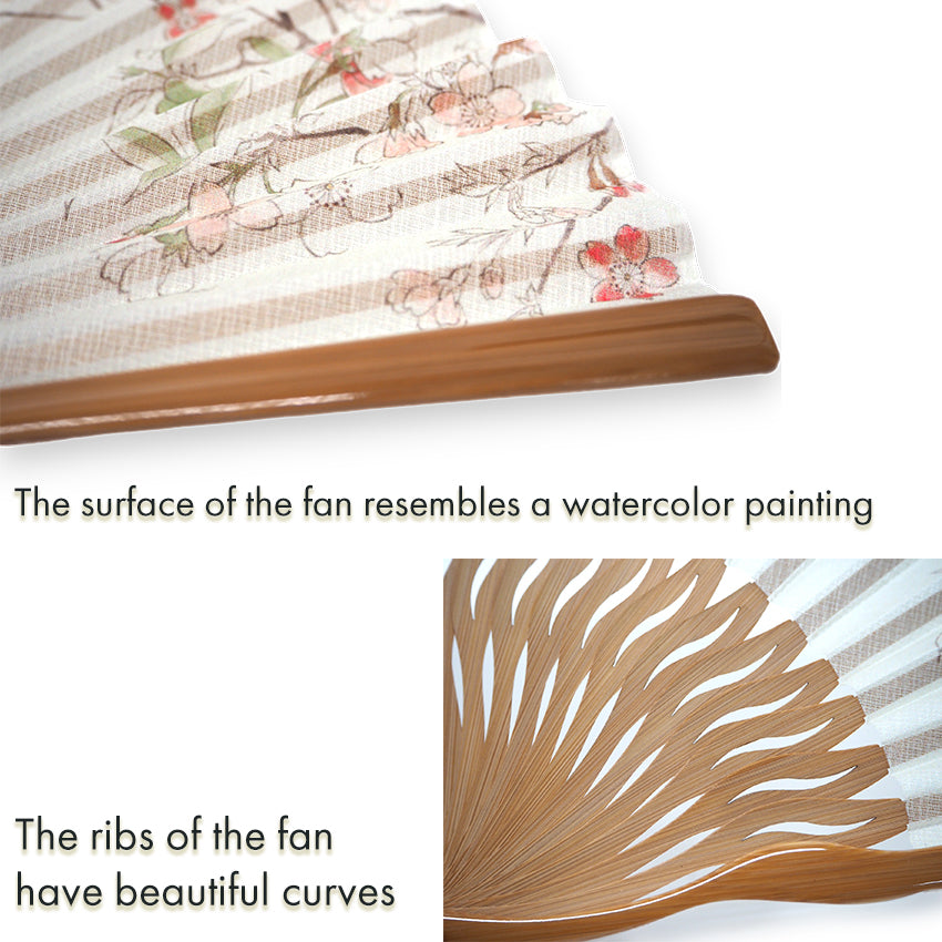 Folding Hand Fan for Lady's ,Surface Cotton, Bamboo Frame, Wakakusa -light green with pink-blushed cherry blossoms, slightly sheer